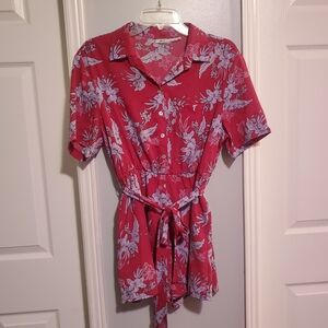 Floral Button-Front Short Jumpsuit - Red